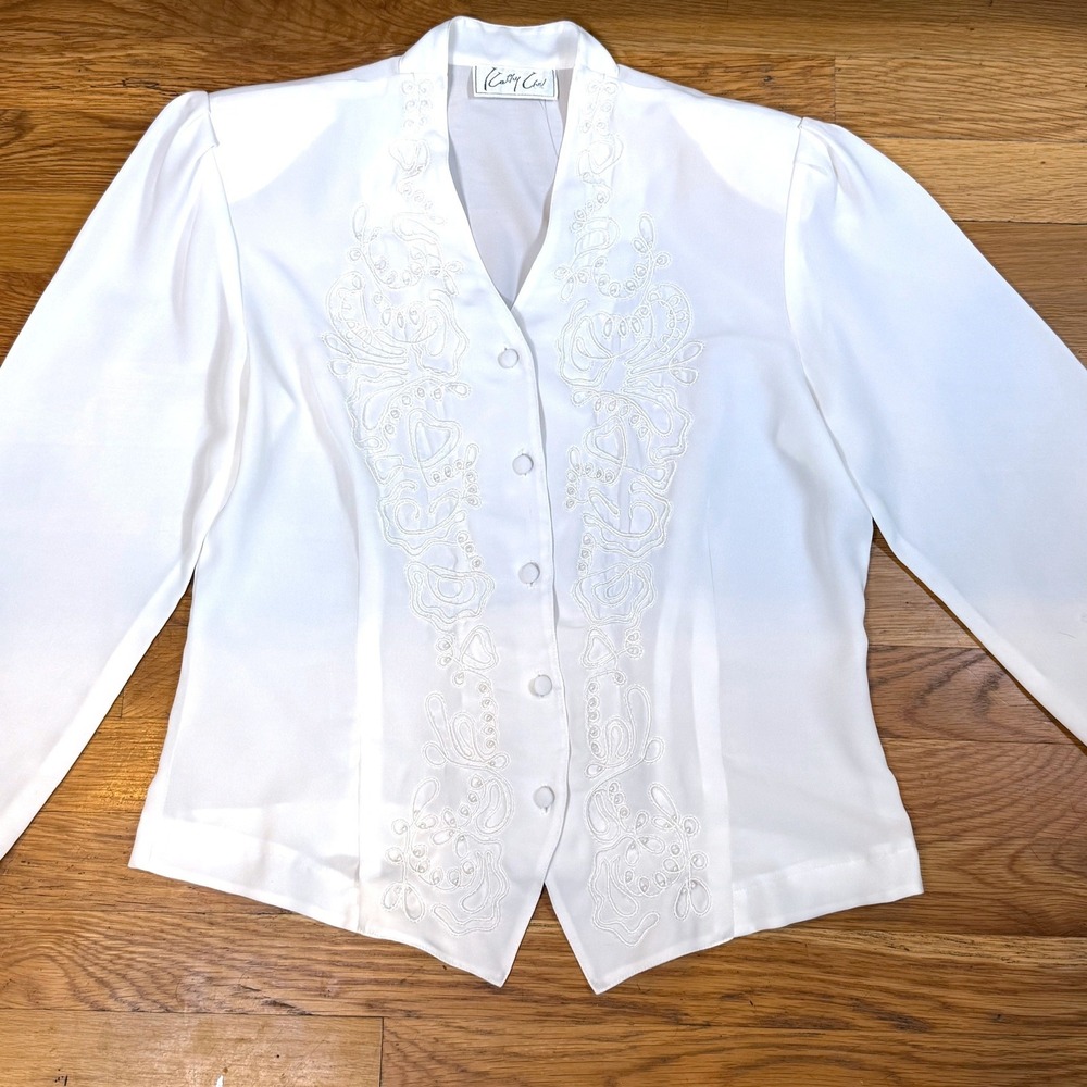 Kathy Che White Embroidered Blouse Button Front Sheer Dressy Vintage Top